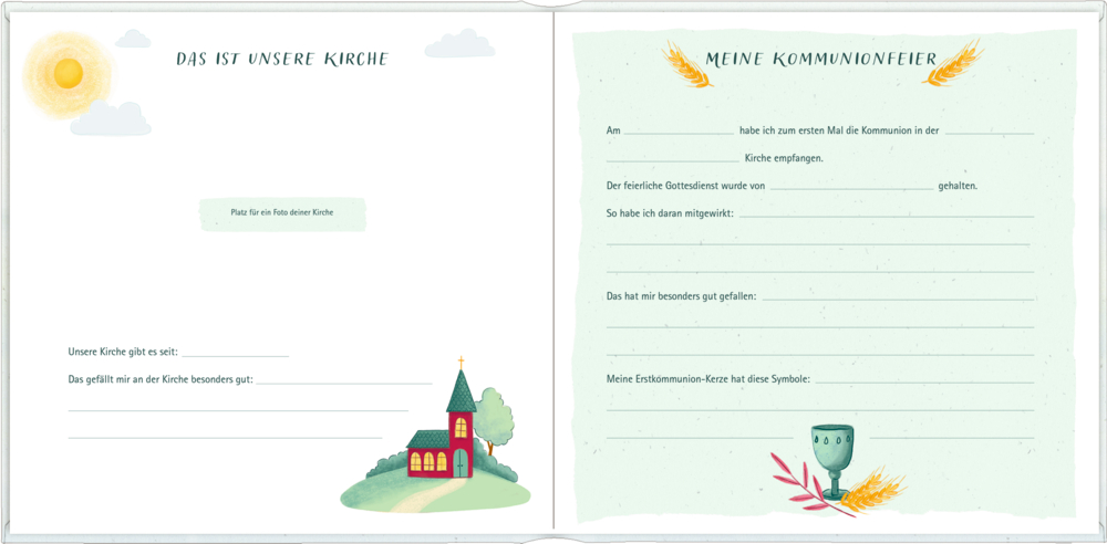 Offenes Erinnerungsbuch mit illustrierter Kirche, Sonne und linierten Seiten zum Schreiben über eine Kommunionsfeier.