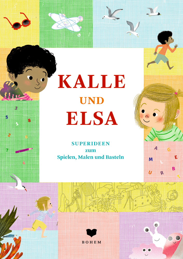 Farbenfrohes Kinderbuchcover mit verspielten Illustrationen von Kindern, Tieren und Aktivitäten. Titel: KALLE UND ELSA.