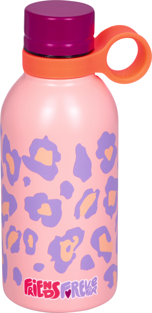 Rosa Trinkflasche mit violett-gelben Leopardenflecken, pinkem Deckel und orangefarbenem Ringgriff.
