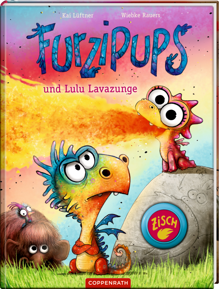 Buchcover von "Furzipups und Lulu Lavazunge" mit zwei bunten Cartoon-Drachen, einem pelzigen Mammut, darauf ein Huhn und lebhaftem Himmel im Hintergrund.