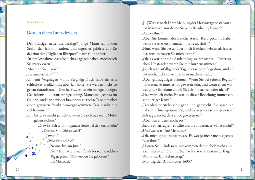 Offenes Buch mit deutschem Text und dekorativen blauen Blumenrändern auf jeder Seite.