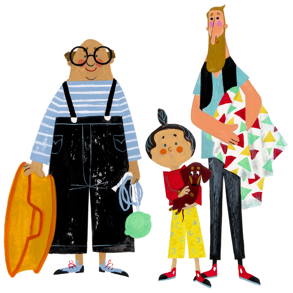 Drei lächelnde Cartoon-Figuren in Strandkleidung und ein Hund, alle farbenfroh gekleidet, stehen zusammen.