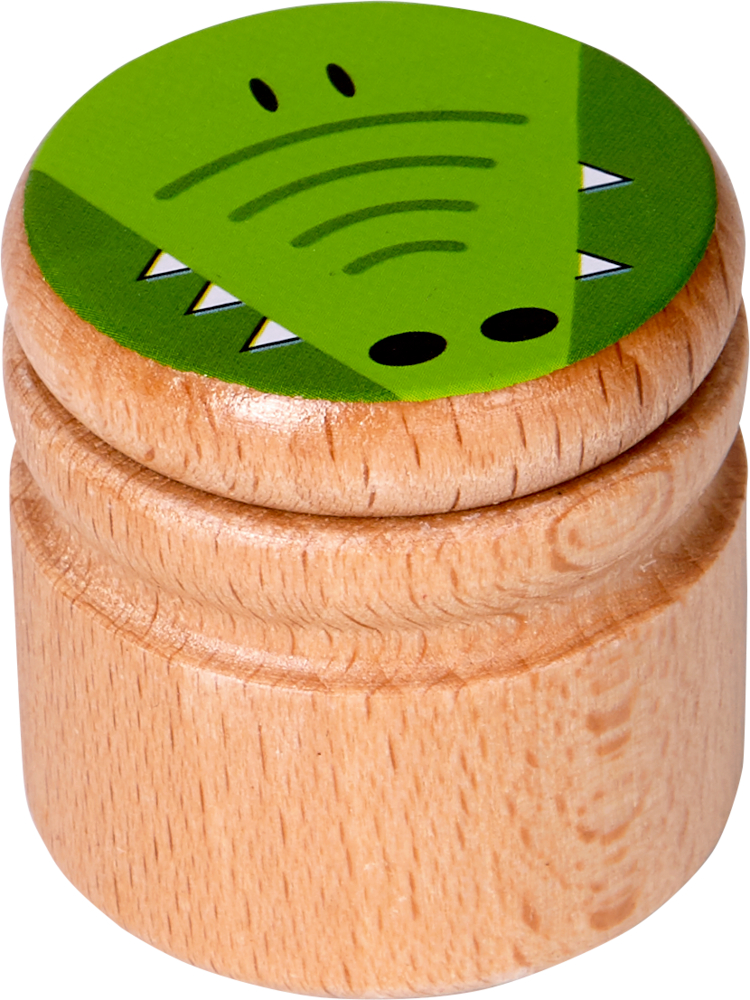 Kleine Holzbox mit einem auf den Deckel gemalten grünen Krokodilgesicht im Cartoon-Stil.