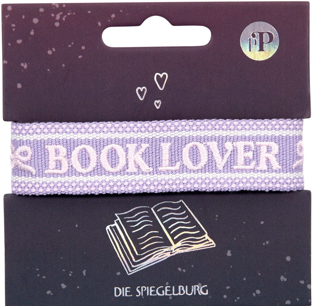 Lila Armband mit eingewebtem Text „BOOK LOVER“ und kleinen Schleifen auf dunkelvioletter Verpackung.