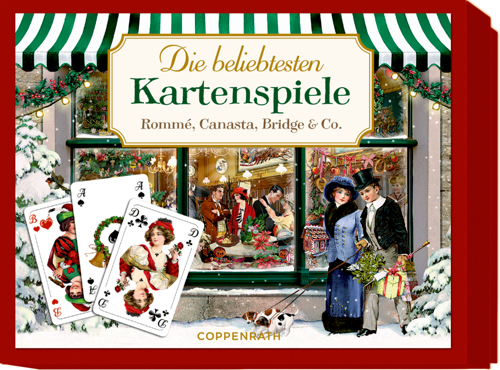 Vintage-Weihnachtsszene und Spielkarten auf einem Buchumschlag mit dem Titel „Die beliebtesten Kartenspiele“.