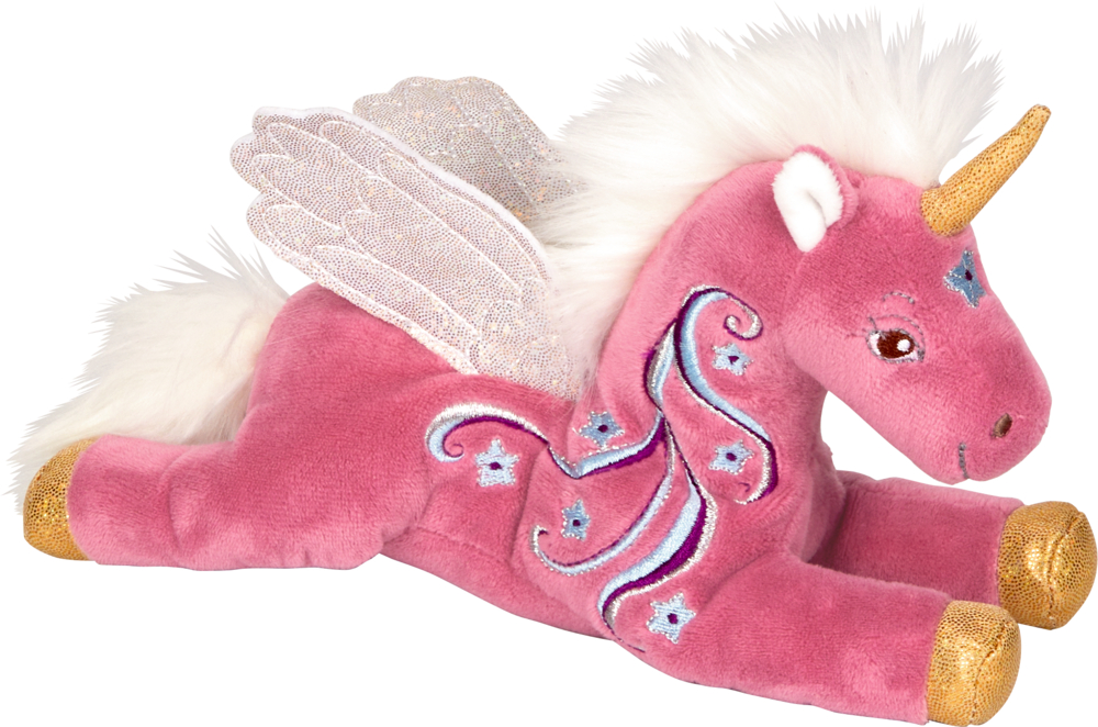 Rosa Plüsch-Einhorn mit weißen Flügeln, goldenem Horn und Hufen sowie Stickereien.