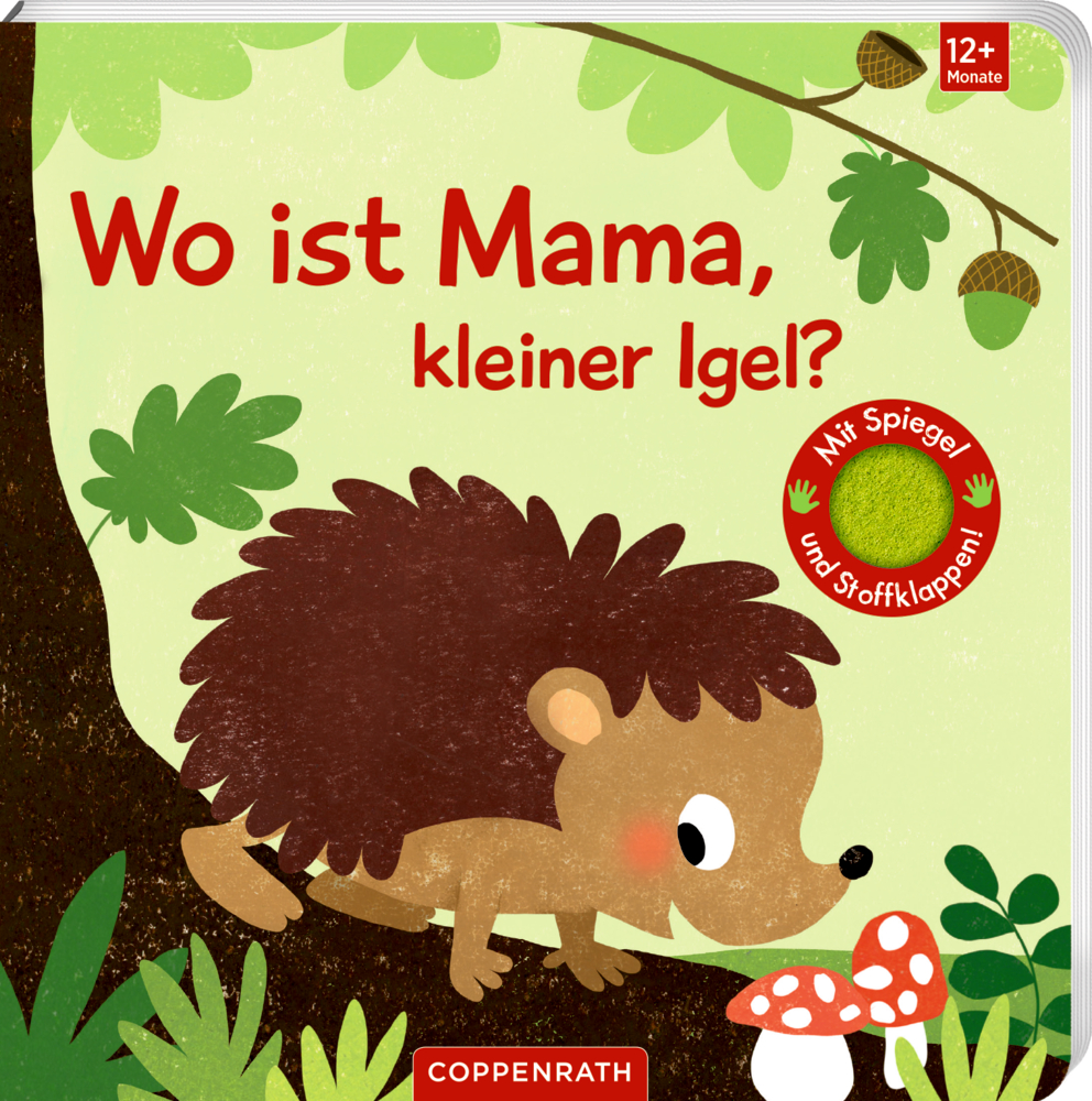 Kleiner Igel neben einem Baum und Pilz, auf dem Cover von: „Wo ist Mama, kleiner Igel?“.