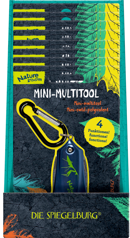 Nature Zoom Mini-Multitool-Displaybox – 4 Funktionen und Karabinerhaken.