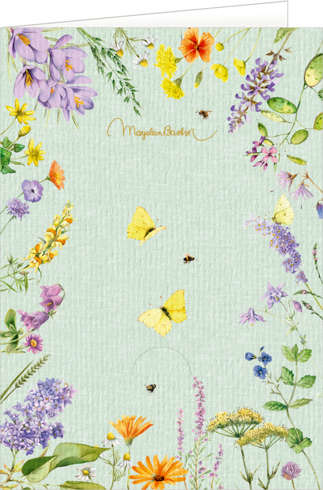 GruÃŸkarte mit Aquarellblumen, Schmetterlingen und Bienen auf hellgrÃ¼nem Hintergrund, Unterschrift von Marjolein Bastin.