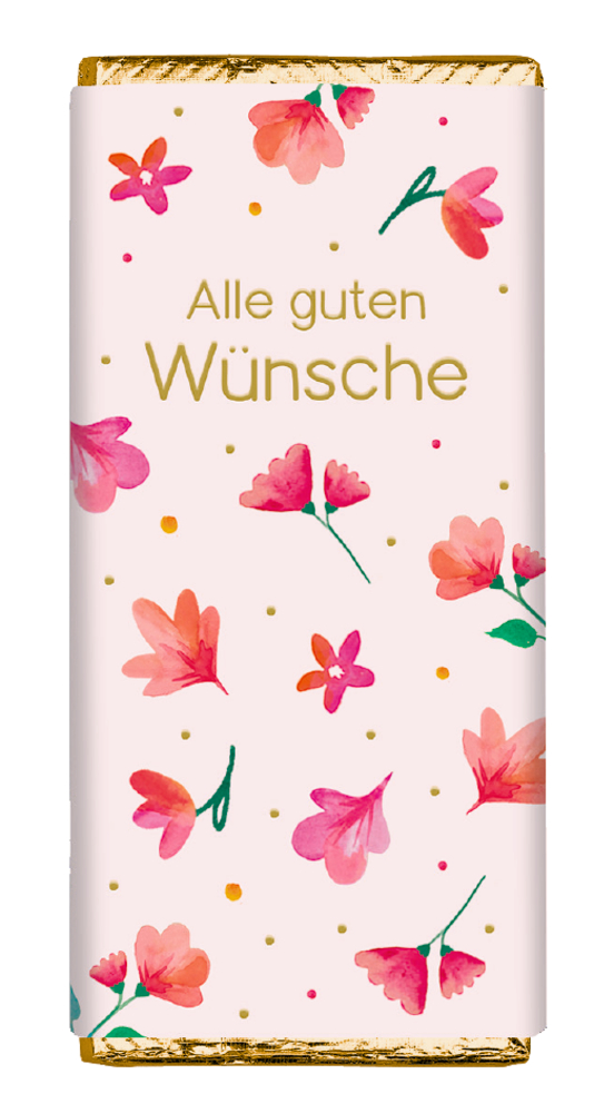 Eine Schokoladentafel in Blumenpapier mit dem Text Alle guten Wünsche in goldener Schrift.