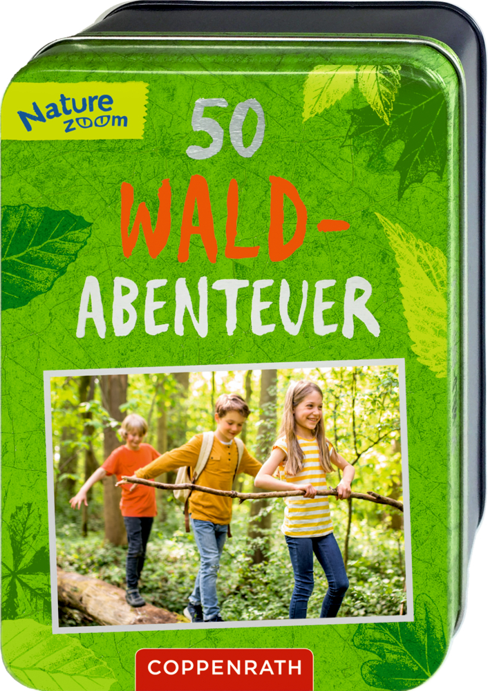 Grüne Box mit der Aufschrift „50 Wald-Abenteuer“ und einem Foto von drei Kindern, die zusammen im Wald spazieren gehen.