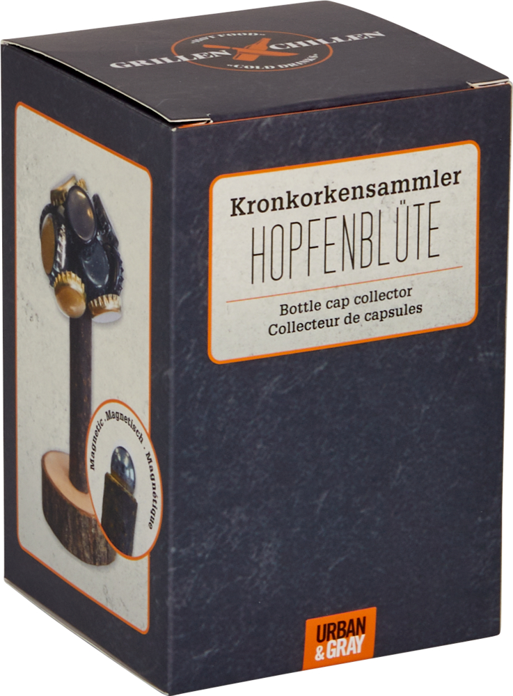 Dunkelgrau Pappbox mit der Abbildung eines Kronkorkensammlers in Form eines Baums.