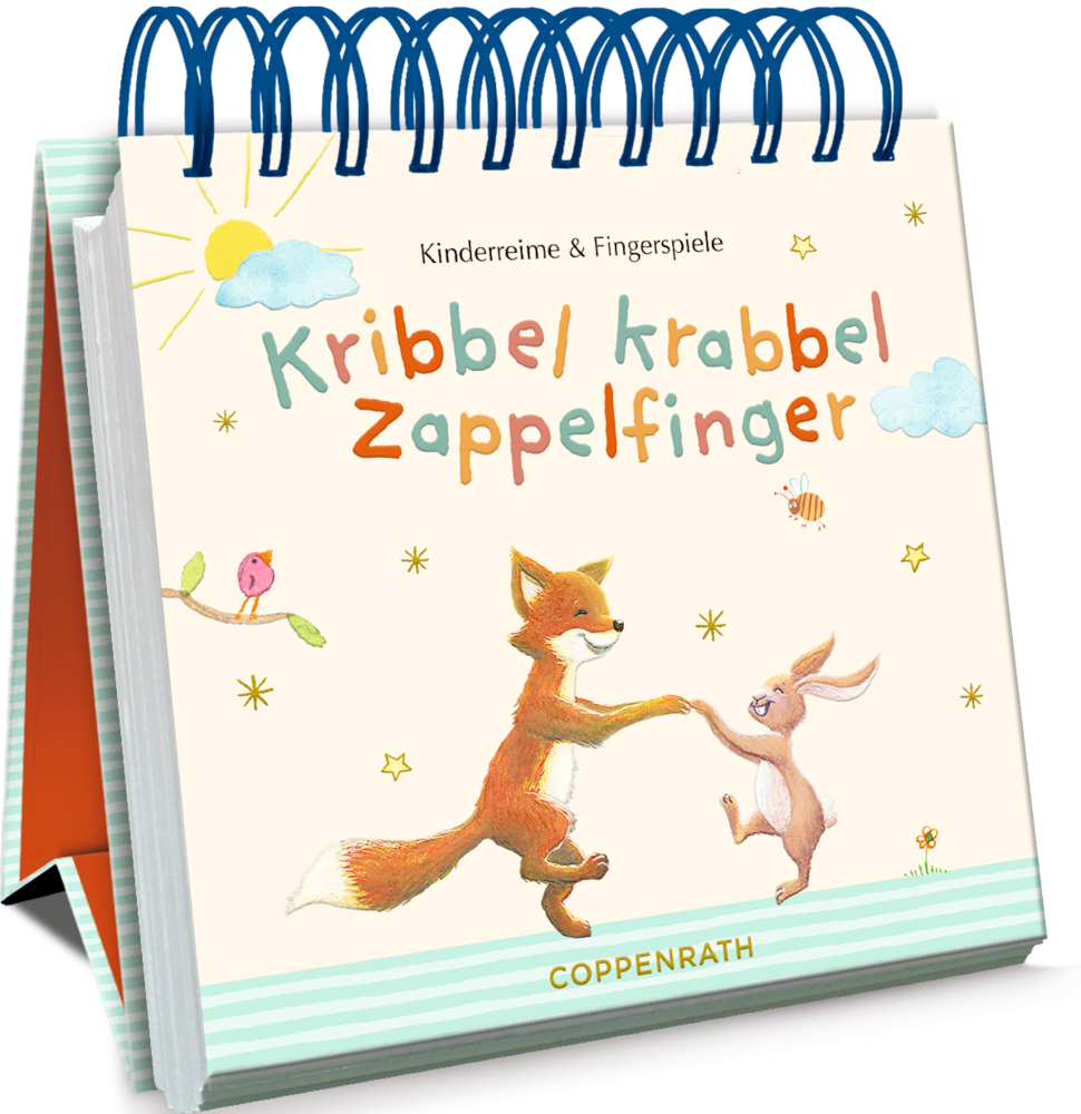 Spiralgebundener Aufstellkinderbuch auf dem ein Fuchs und ein Hase unter der Sonne tanzen mit dem Titel: „Kribbel krabbel Zappelfinger“.