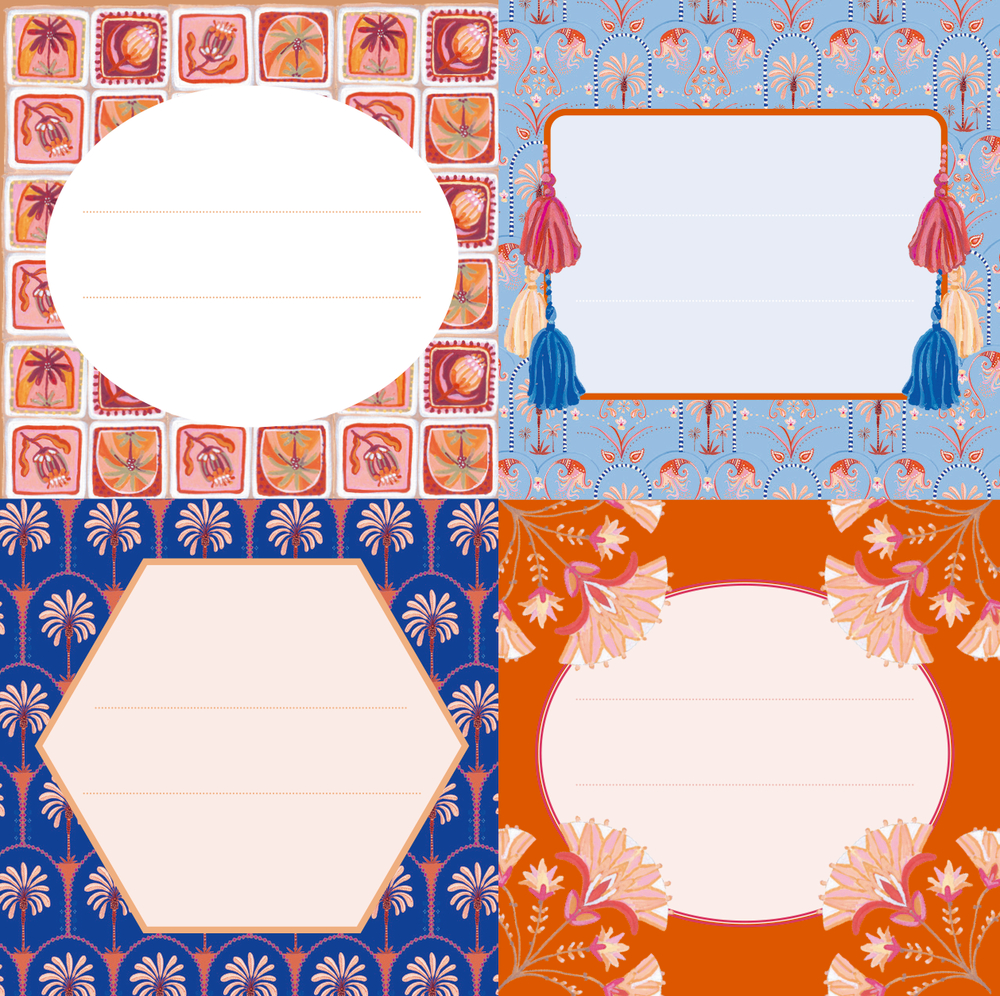 Vier bunt gemusterte Etikettenvorlagen mit floralen und geometrischen Designs in Blau, Orange und Rosa.