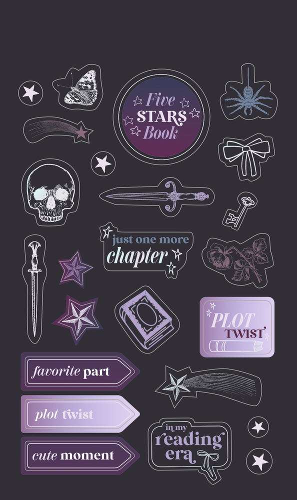 Sticker-Set mit Illustrationen von Sternen, Dolchen, einem Totenkopf, Buch, Schlüssel, Schleifen, Schmetterling und Text.