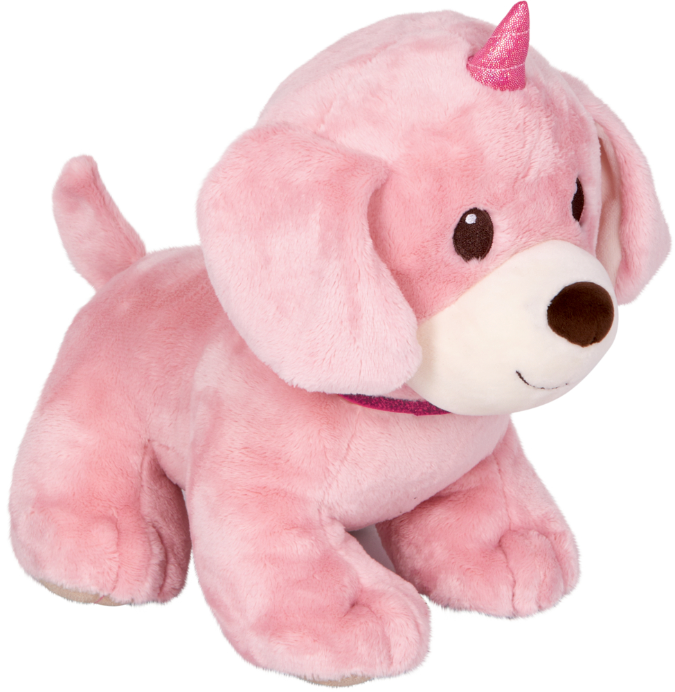 Plüschiges rosa Hundespielzeug mit Schlappohren, Einhornhorn und einem süßen lächelnden Gesicht.