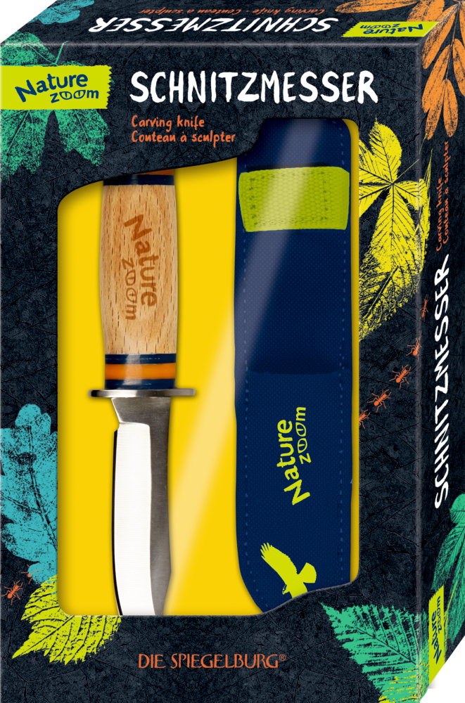 Schnitzmesser „Nature Zoom“ mit Holzgriff und blauer Scheide in farbenfroher Box mit Naturmotiven.