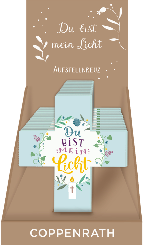 Hellblaues Kreuz mit Blumenmuster und dem Text „Du bist mein Licht“ von Coppenrath im Display ausgestellt.