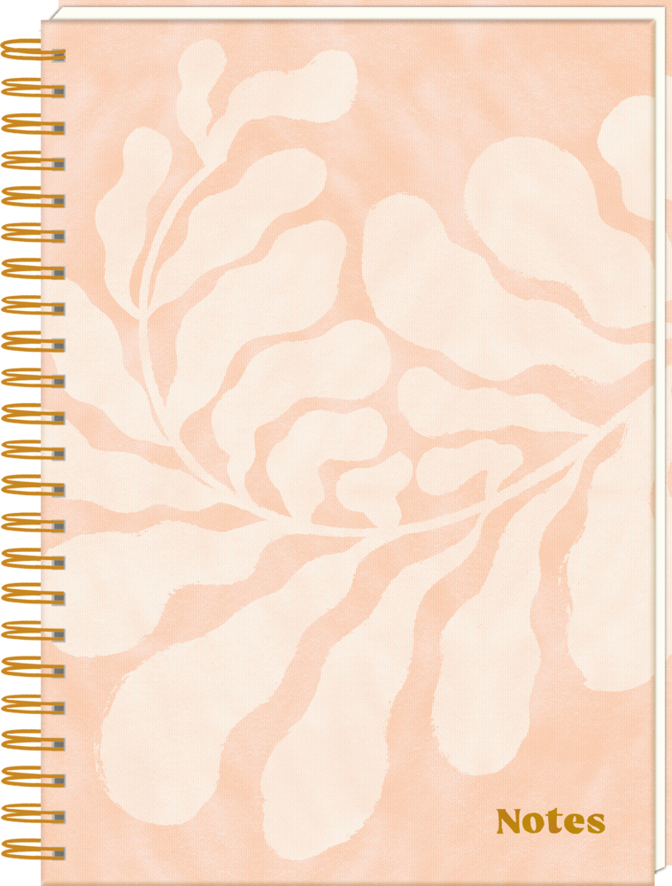 Notizbuch mit pfirsich-cremefarbenem Abstrakt-Blatt-Cover, goldener Spiralbindung und goldenem „Notes“-Schriftzug.