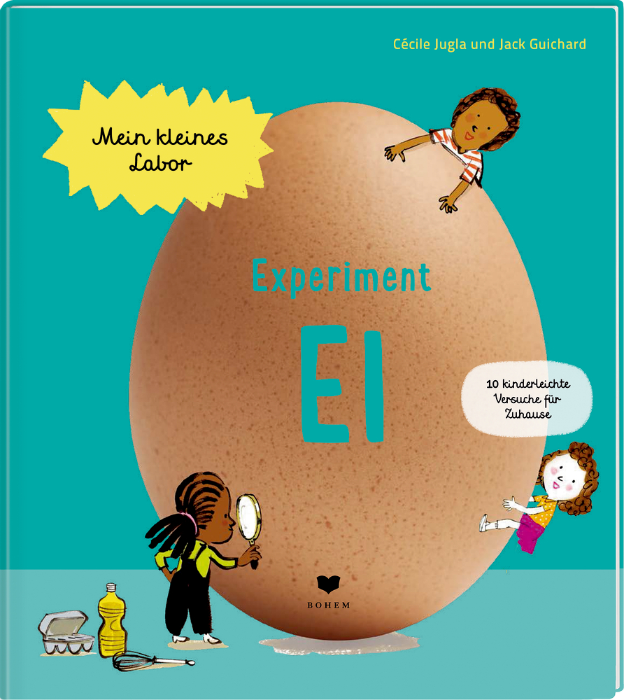 Buchcover mit großem Ei, drei gezeichneten Kindern und Text zu Ei-Experimenten für Kinder.
