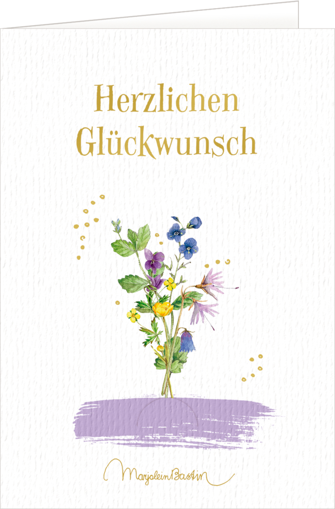 WeiÃŸe Karte mit â€žHerzlichen GlÃ¼ckwunschâ€œ in Gold, Blumenkunst und einem lila Pinselstrich.