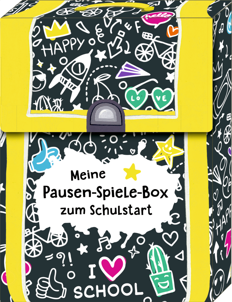 Eine bunte Schulbox mit Kritzeleien und dem Text: Meine Pausen-Spiele-Box zum Schulstart. (128 Zeichen).
