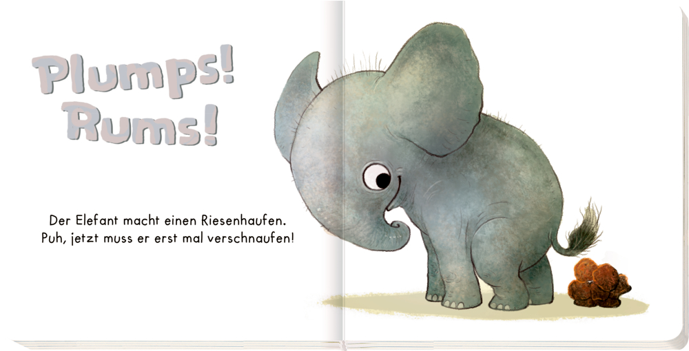 Innenansicht mit deutschem Text, ein Elefant steht neben einem Haufen Kot und blickt überrascht darauf zurück.