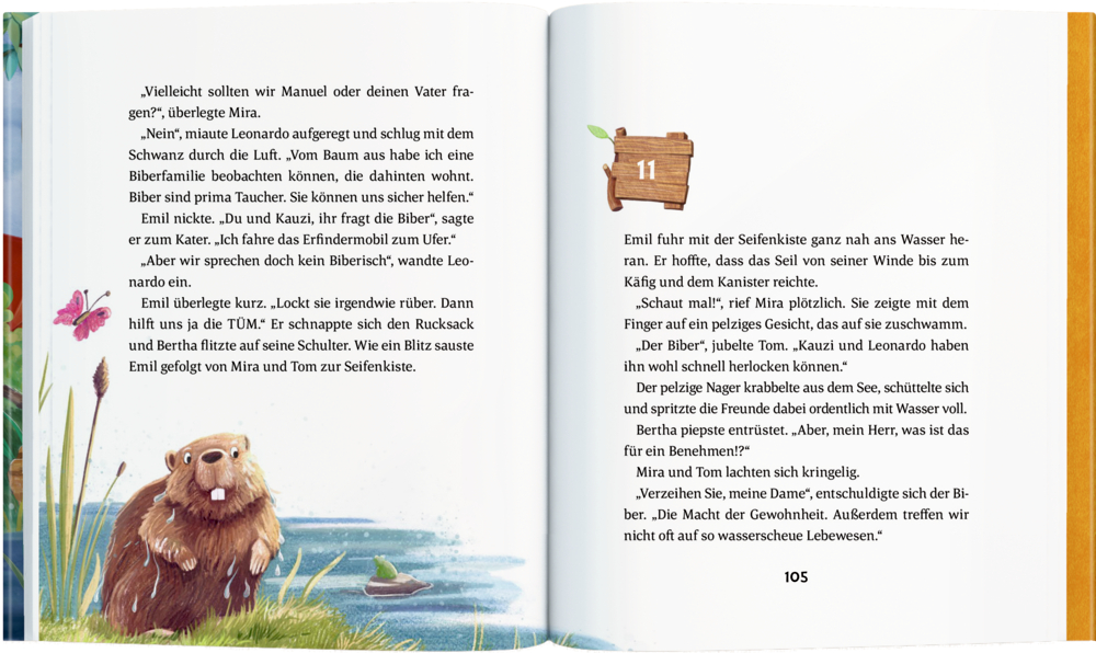 Buchdoppelseite: Biber am Teich (links); Kinderbuchtext auf der rechten Seite.