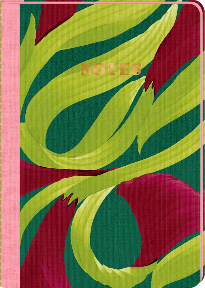 Notizbuch mit rosa Rücken, grünem und rotem Blattmuster auf dem Einband und goldener Aufschrift „NOTES“.