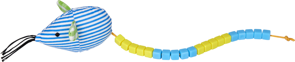 Blau-weiß gestreifte Spielzeugmaus mit grünen Ohren und einem gelb-blauen, mit Perlen besetzten, segmentierten Schwanz.