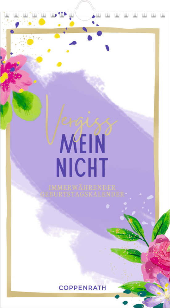 Florales Geburtstagskalendercover mit „Vergiss mein nicht“ in Lila, Pink, Gelb und Grün auf Aquarellhintergrund.