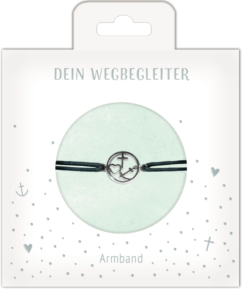 Silbernes Armband mit Anker, Herz und Kreuz an schwarzer Kordel auf dekorativer Karte.