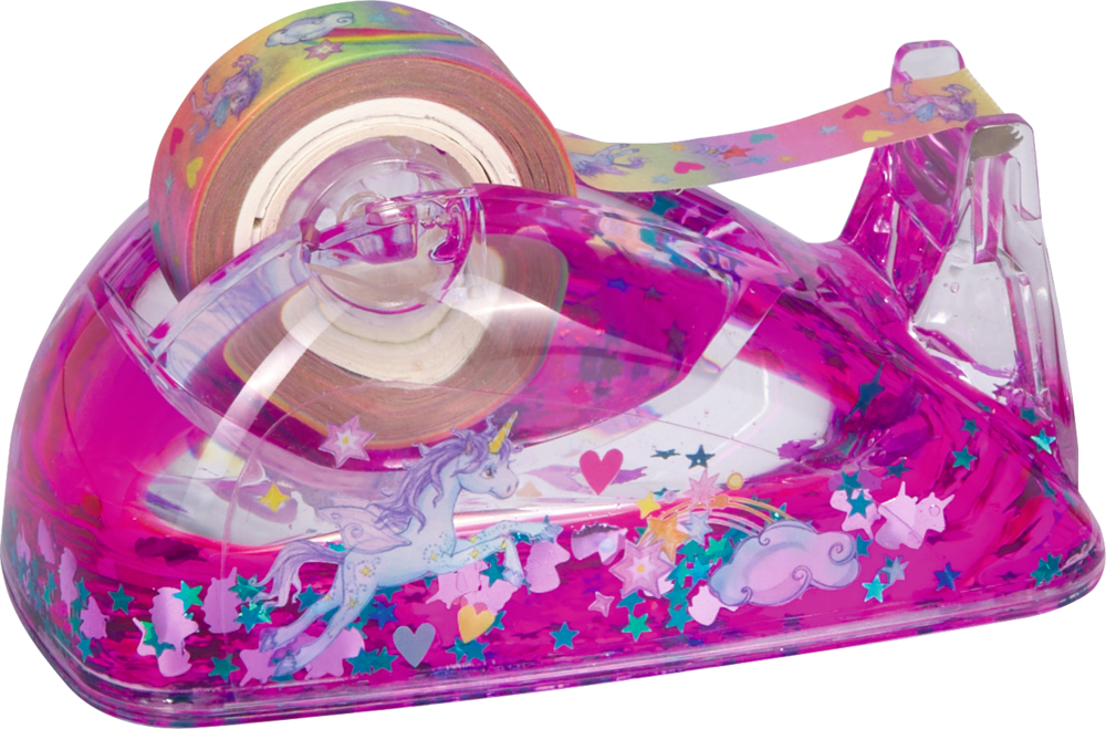 Pinker transparenter Klebebandabroller mit Einhorn-, Herz- und Sternmotiven und bunter Klebebandrolle.