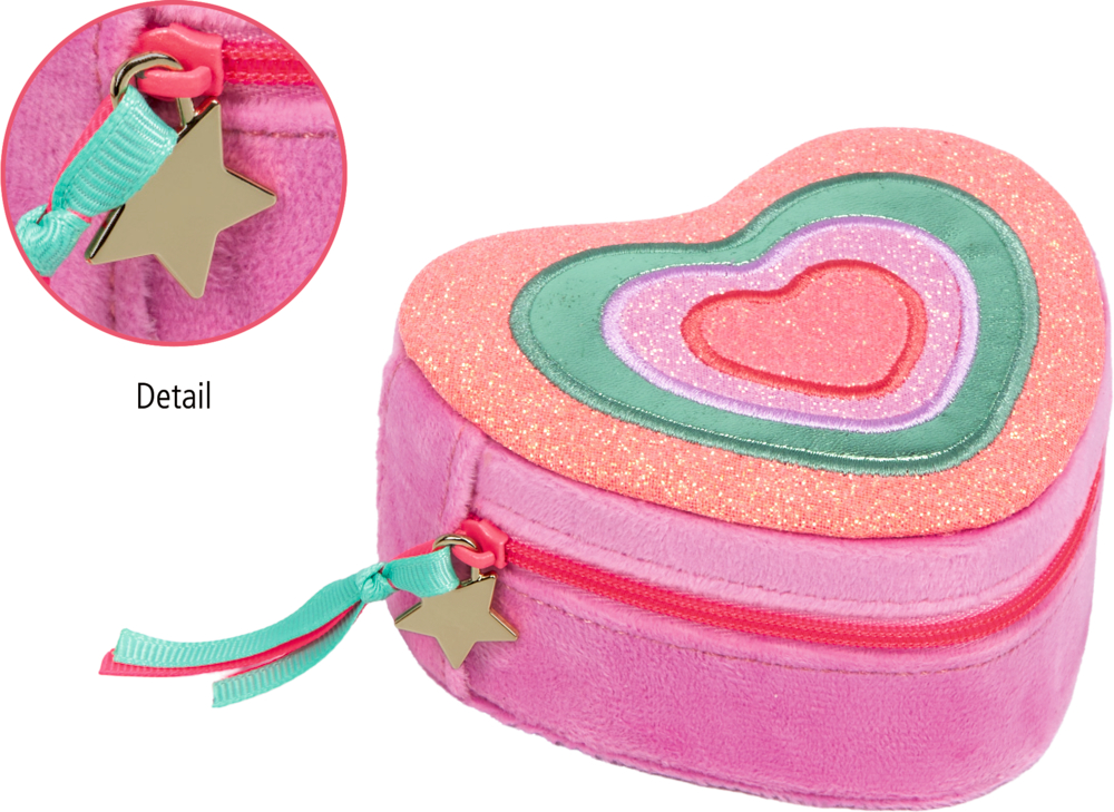 Glitzernde herzförmige rosa Schmuckdose mit Reißverschluss, Sternanhänger und buntem Herzmuster auf dem Deckel.