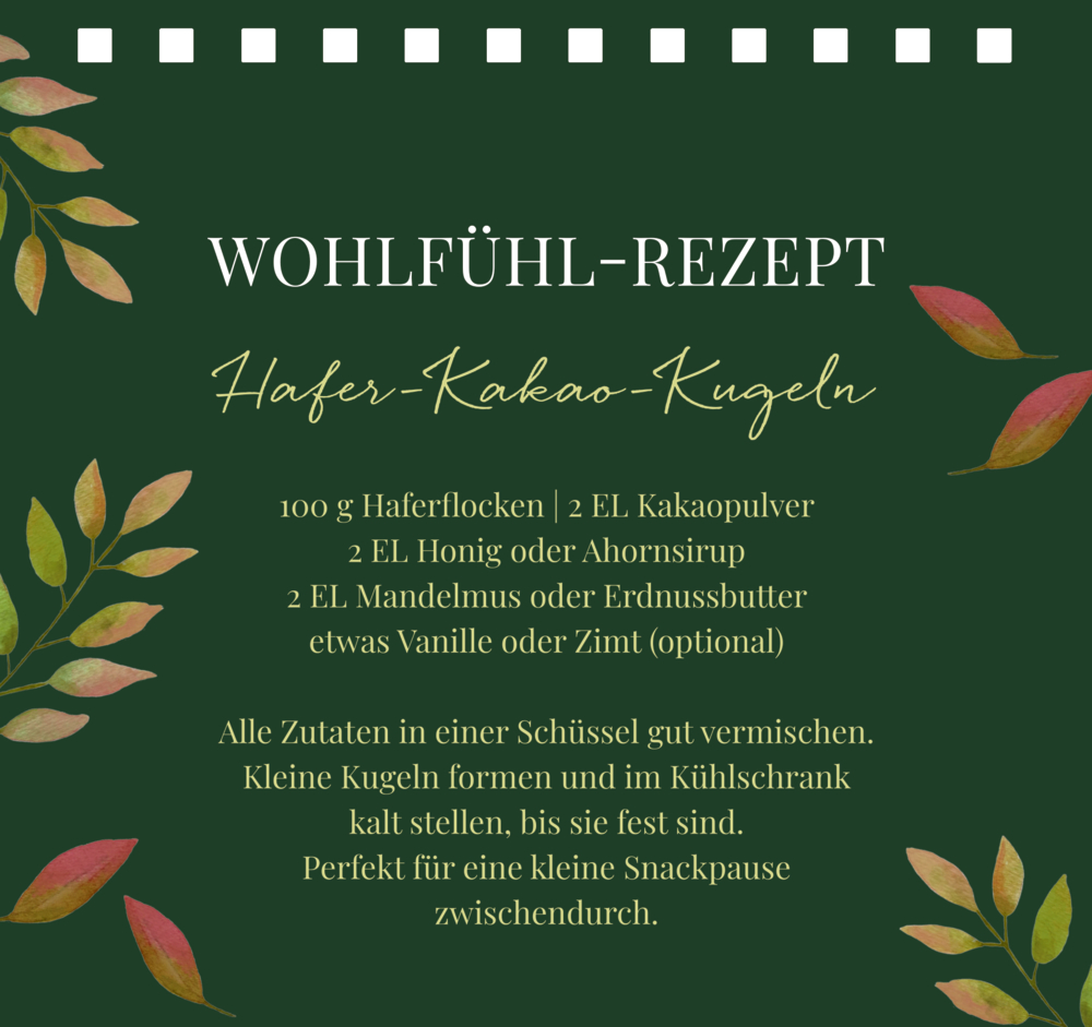 Rezeptkarte für Hafer-Kakao-Kugeln mit Zutatenliste und Zubereitungstext auf dunkelgrünem Hintergrund mit Blätterverzierung.