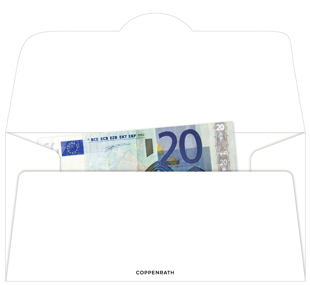Aus einem offenen weißen Briefumschlag lugt ein teilweise sichtbarer 20-Euro-Schein hervor.