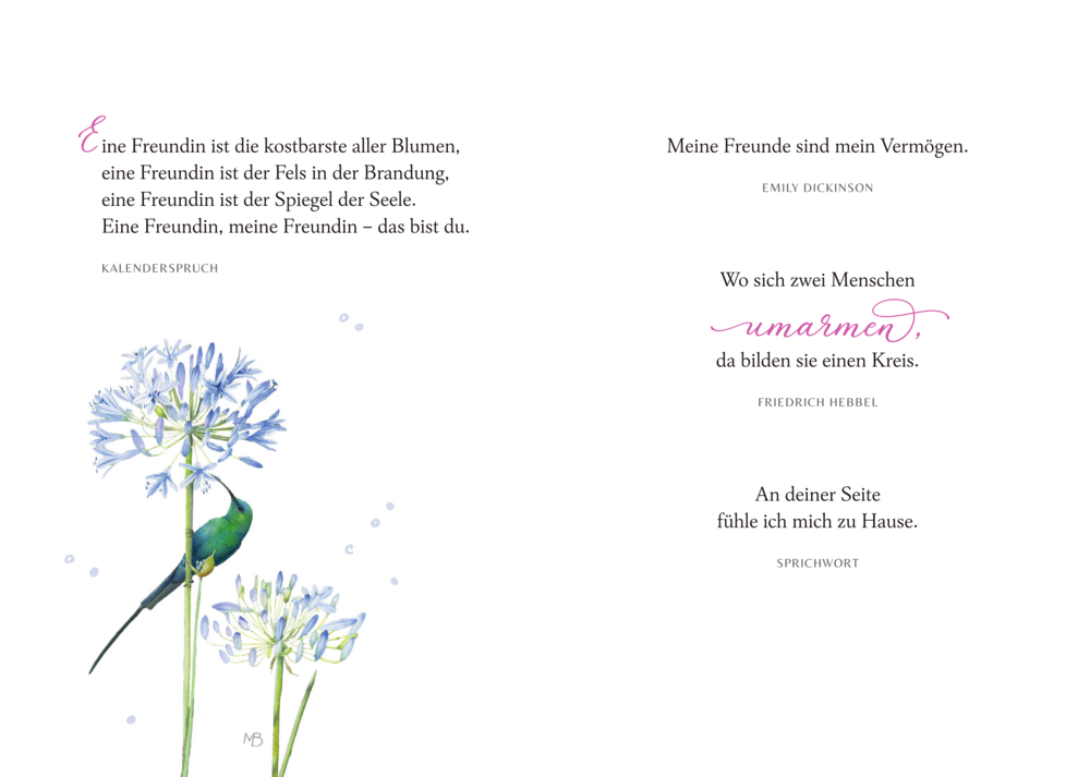Illustration eines grünen Vogels auf blauen Blüten, daneben mehrere kurze Freundschaftszitate in schwarzer und pinker Schrift.