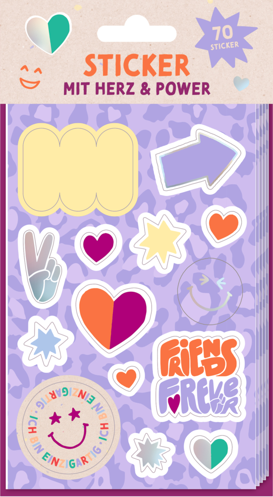 Bunte Sticker mit Herz-, Stern-, Pfeil- und Handmotiven auf lila Hintergrund.