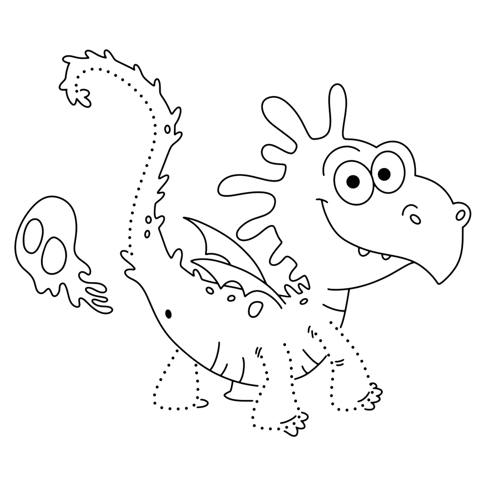Ein lächelnder Cartoon-Drache mit gepunktetem Schwanz pupst auf einer Punkt-zu-Punkt Seite.