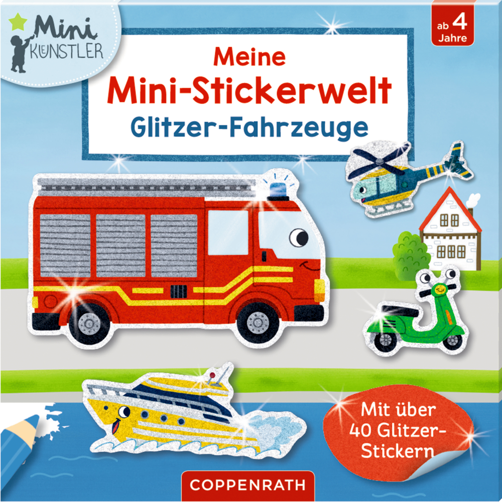 Cartoon-Buchcover mit Aufklebern: Feuerwehrauto, Hubschrauber, Boot, Roller, Haus und Bäume. Für Kinder ab 4 Jahren.
