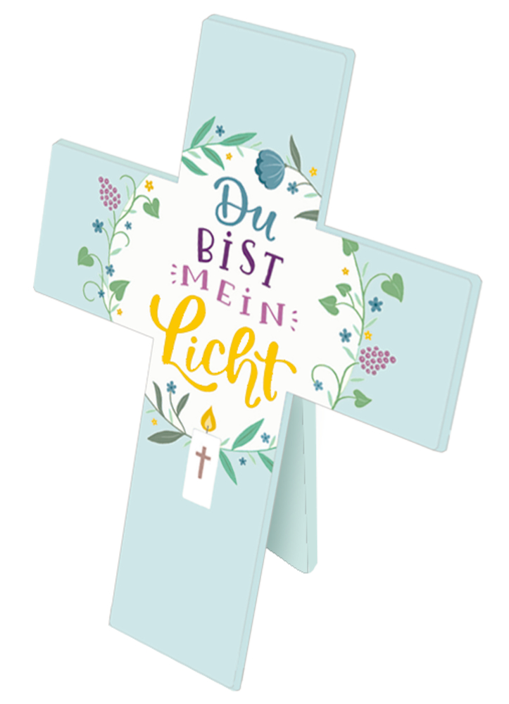 Hellblaues Kreuz mit Blumen, der Aufschrift „Du bist mein Licht“ und einer Kerzenillustration.