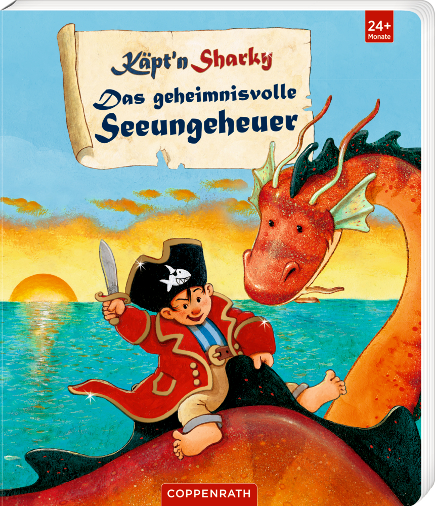 Buchcover mit einem kleinen Piraten, der mit Schwert auf einem freundlichen roten Seeungeheuer im Sonnenuntergang reitet