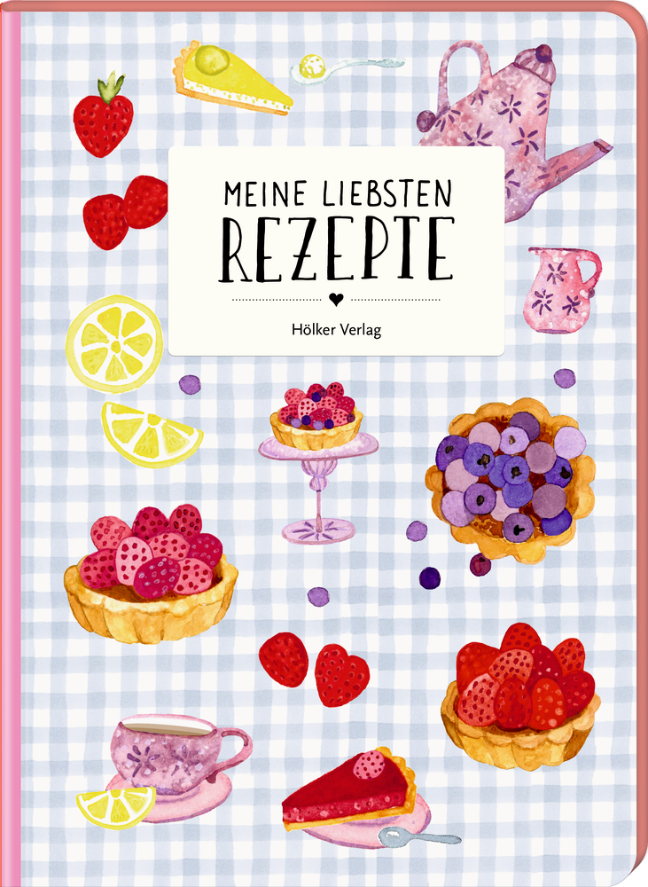 Illustrierter Rezeptbuchumschlag mit Beeren, Kuchen, einem Teeservice und dem Titel „Meine liebsten Rezepte“ auf lila-kariertem Hintergrund.