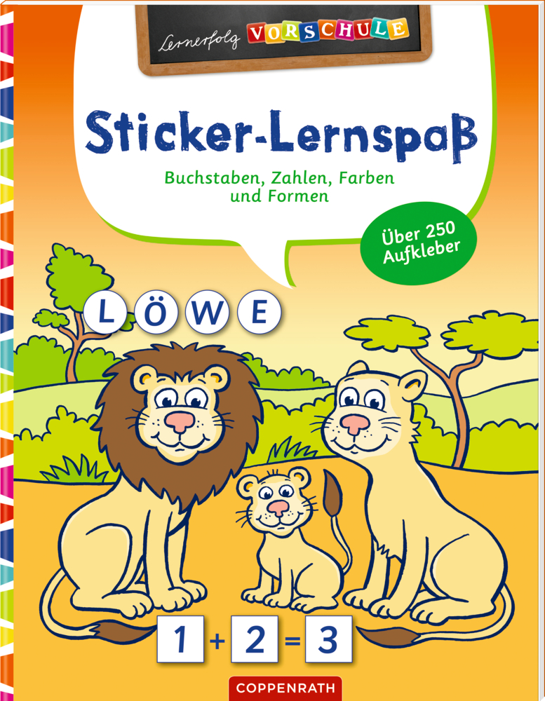 Löwenfamilienillustration mit „Löwe“, den Zahlen 1-3 und bunten Formen auf einem Arbeitsheftumschlag.