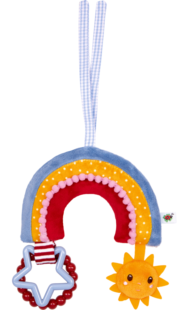 Bunter Stoff-Regenbogen mit einem Sternring und einer lächelnden Sonne, die an den Enden hängen.