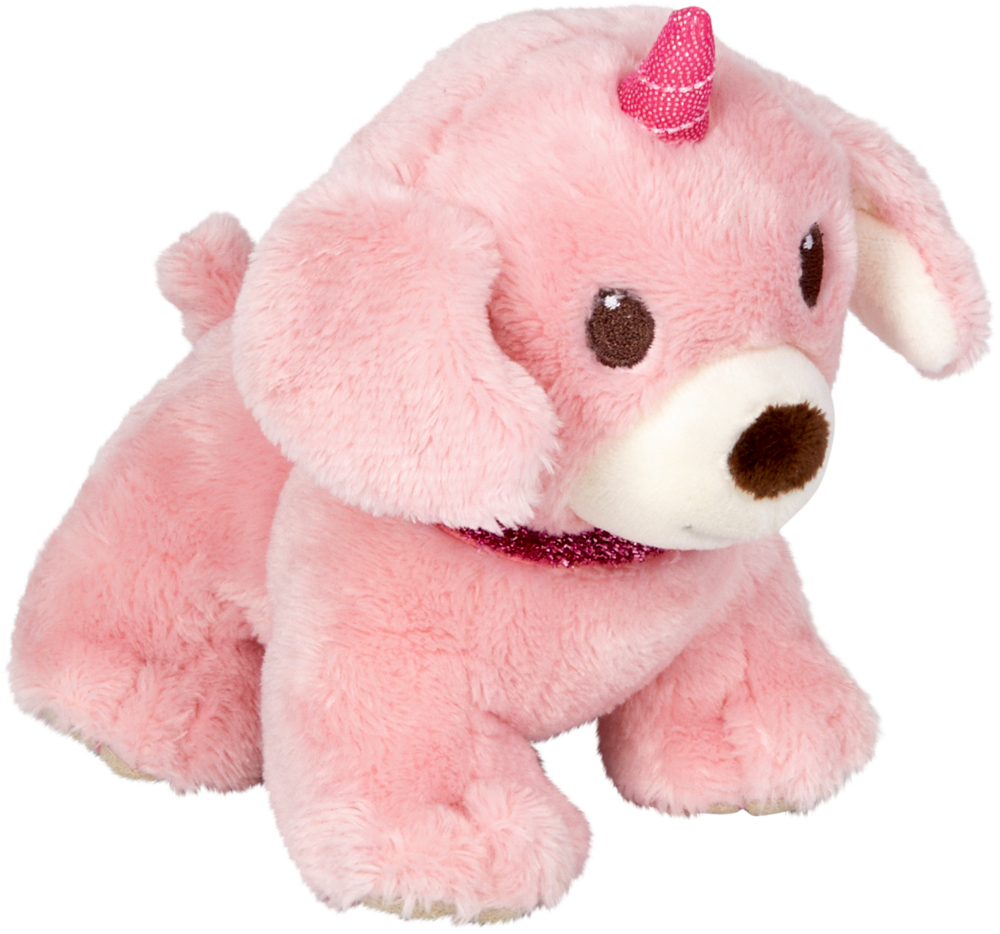 Rosa Plüschhund mit glitzerndem Einhornhorn und passendem Halsband.