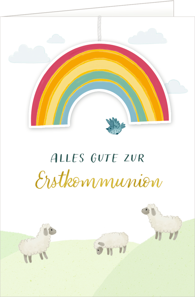 Bunter Regenbogen, kleiner Vogel, drei Schafe mit  Text: Alles Gute zur Erstkommunion. (128 Zeichen).