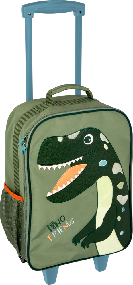 Grüner Trolley für Kinder mit Cartoon-Dinosaurier und „Dino Friends“-Aufdruck auf der Vorderseite.