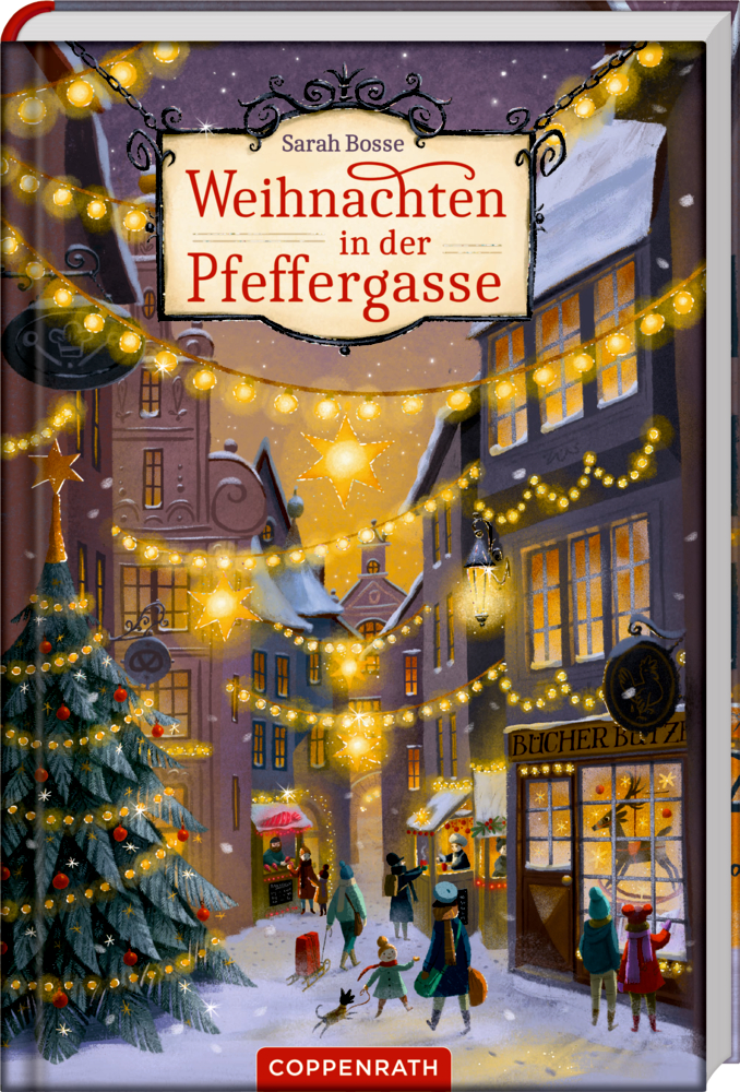 Buchcover mit einer nostaligischen, stimmungsvollen WeihnachtÃŸtraÃŸe mit Baum, Lichtern und Menschen.
