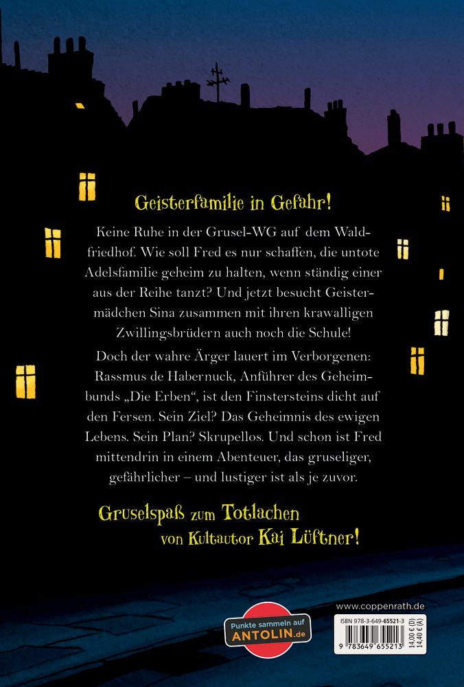 Buchrückseite mit dunkler Häuserkulisse, gelb leuchtenden Fenstern, Text in Gelb und Weiß sowie Verlags- und Preisangaben unten.